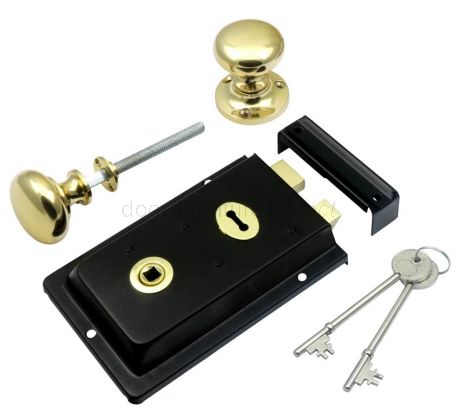 Black Rim Lock with Brass Mushroom Rim Knobs Set
