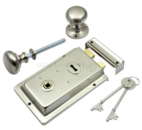 Satin Nickel Rim Lock and Mushroom Rim Knob Set