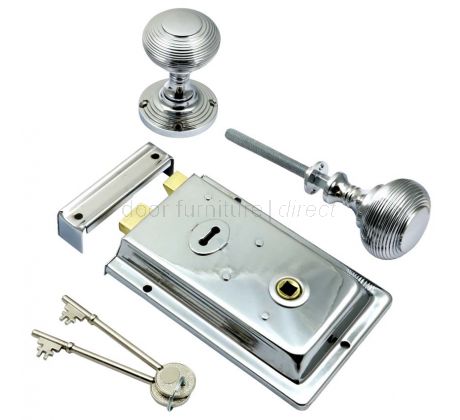 Polished Chrome Rim Lock and Reeded Rim Knob Set