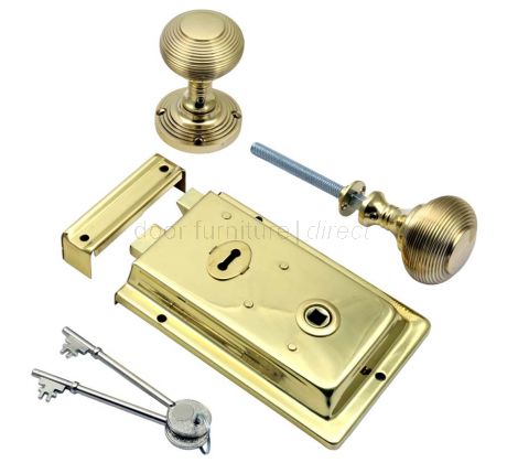 Polished Brass Rim Lock and Reeded Rim Knob Set