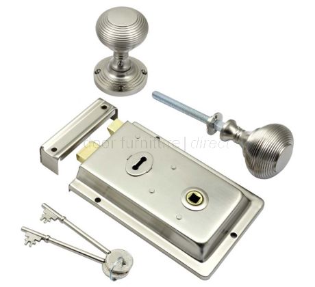Satin Nickel Rim Lock and Reeded Rim Knob Set