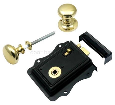 Black Fancy Rim Latch with Brass Mushroom Knobs