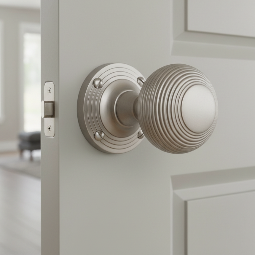 Satin Nickel Reeded Mortice Door Knobs 60mm