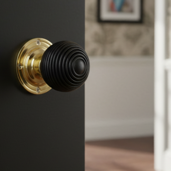 Polished Brass and Ebony Reeded Door Knobs