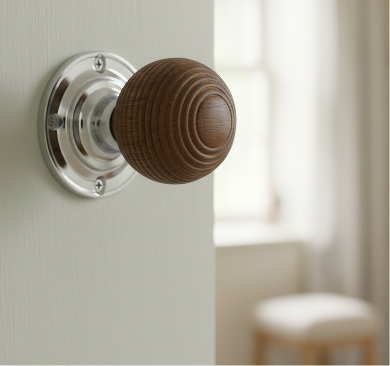 Polished Chrome and Rosewood Reeded Door Knobs