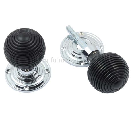 Polished Chrome and Ebony Reeded Door Knobs