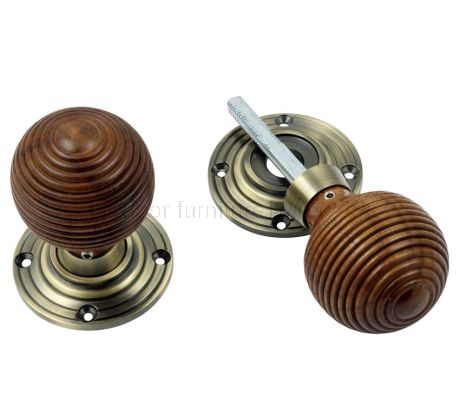 Antique Brass and Rosewood Reeded Door Knobs