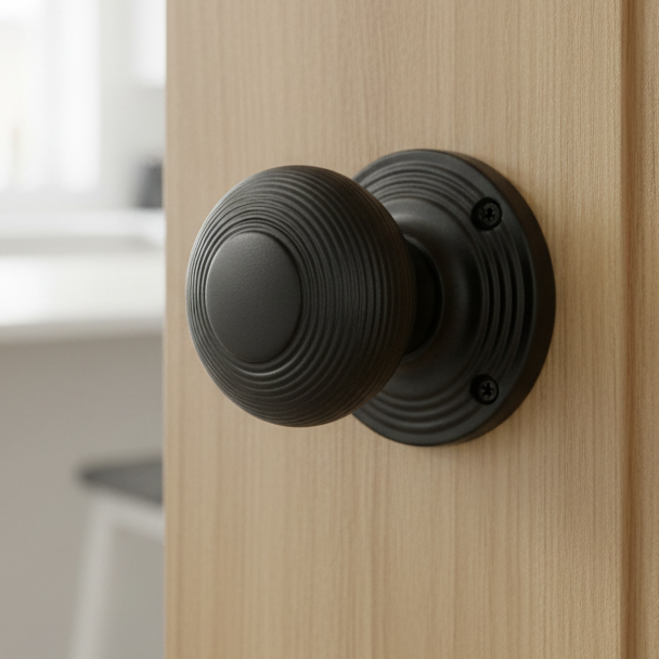 Matt Black Reeded Mortice Door Knobs 60mm