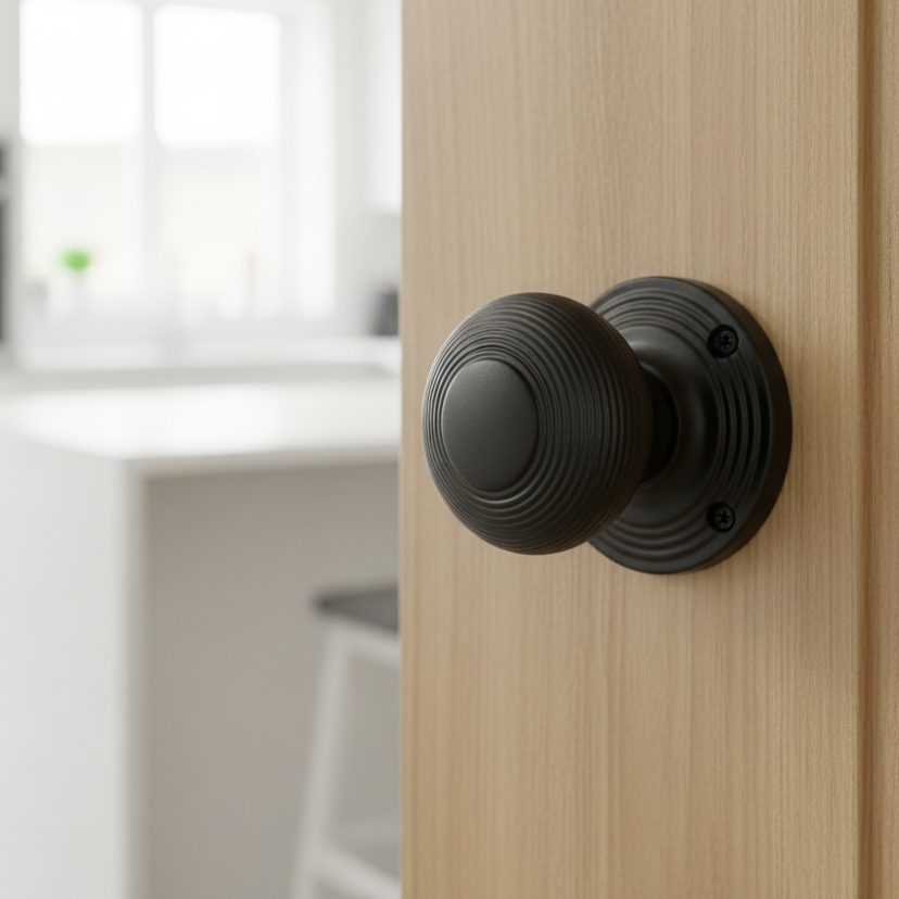 Matt Black Reeded Mortice Door Knobs 60mm