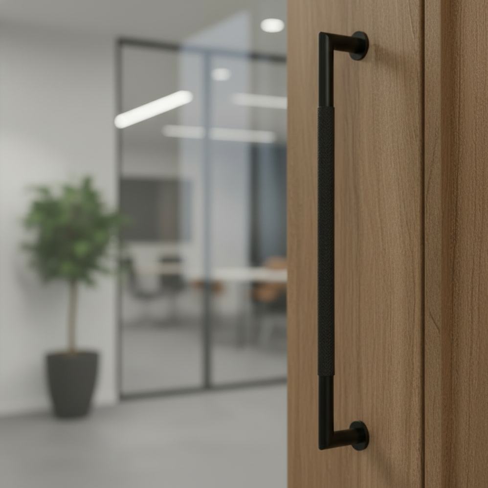 Long matt black pull handle with a knurled centre section fixed vertically to a wood door, glass partitions beyond