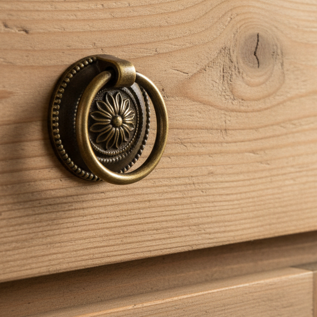 Distressed Brass Floral Ring Cabinet Pull 55mm