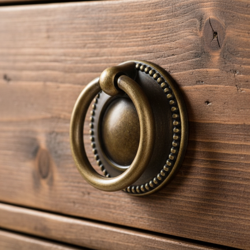 Distressed Brass Beaded Ring Cabinet Pull 50mm