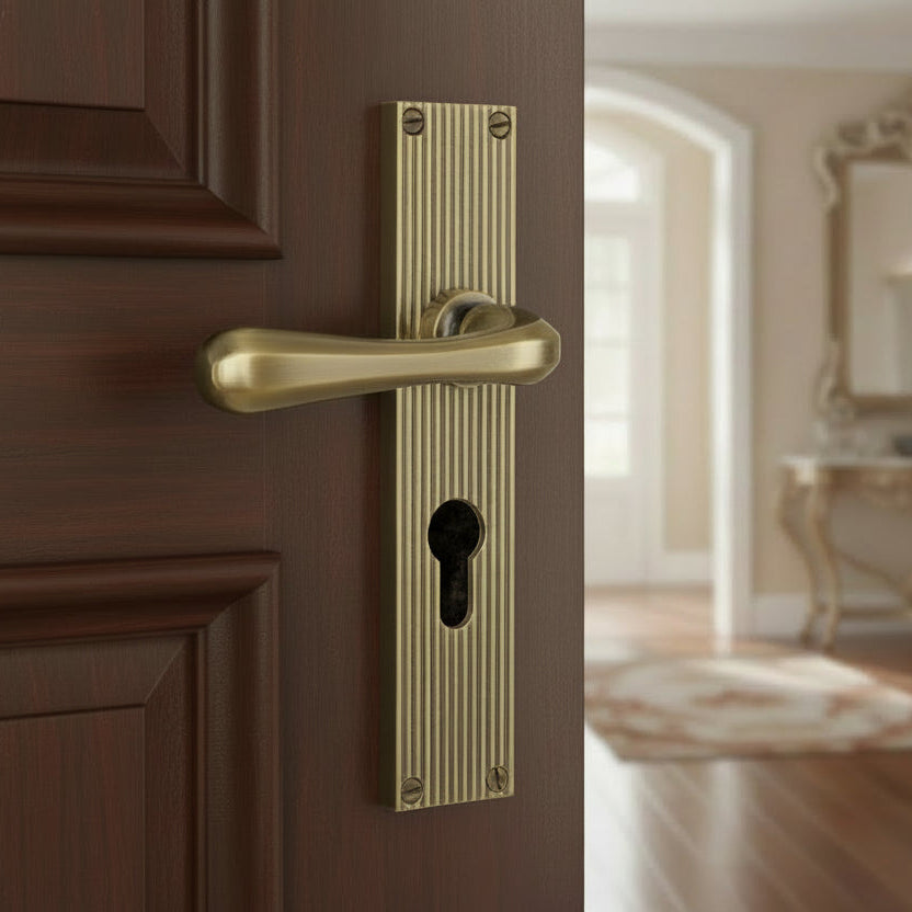 Charlbury Reeded Antique Brass EURO Door Handles RR3048