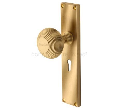 Satin Brass Beehive Mortice Knob on Lock Plate V9500-SB