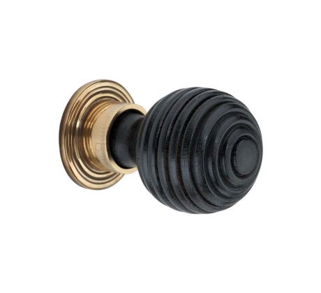 Ebonised Preston Wooden Cabinet Knob Aged Brass 35mm