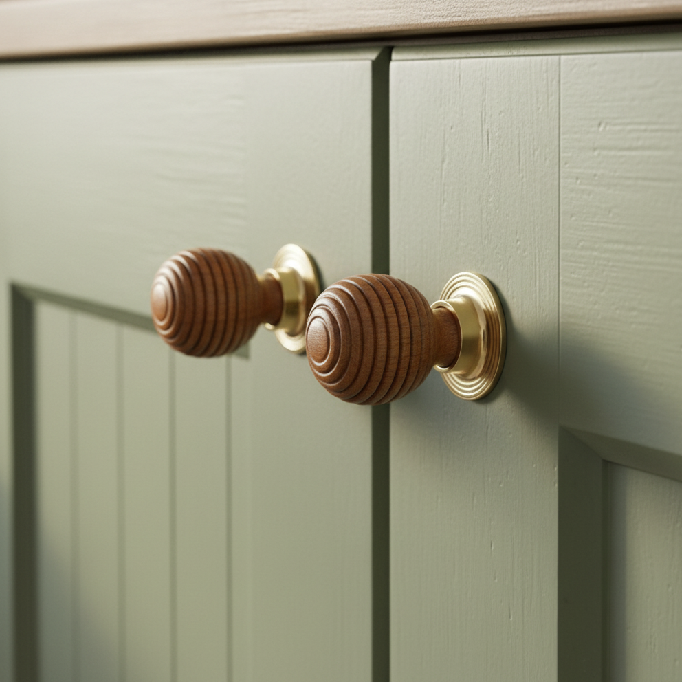 Rosewood Preston Wooden Cabinet Knob Aged Brass 35mm