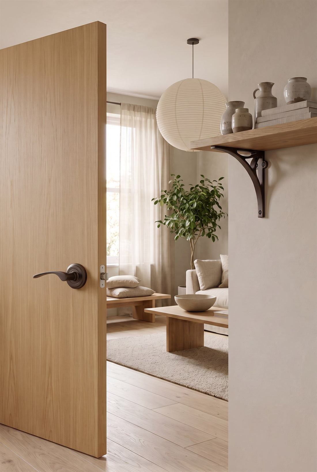 Warm Japandi living room with limewashed walls, a paper lantern and linen sofa, an oak shelf on matt bronze bridge brackets and a natural oak door with a matt bronze Sophia lever