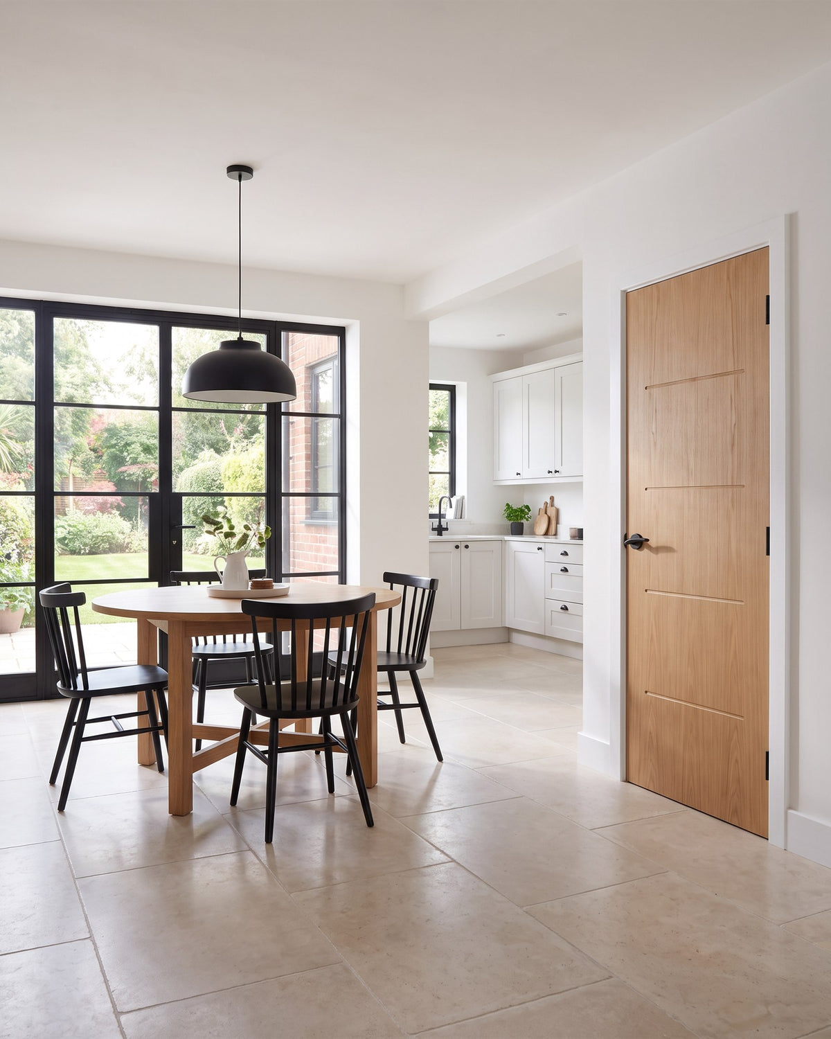 Kitchen-dining room with limestone-look tiles, black steel glazed doors, a round oak table with black chairs and an oak internal door with a matt black lever