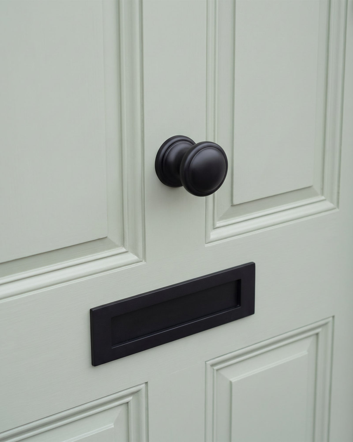 Matt black centre knob and letter plate on a sage green front door