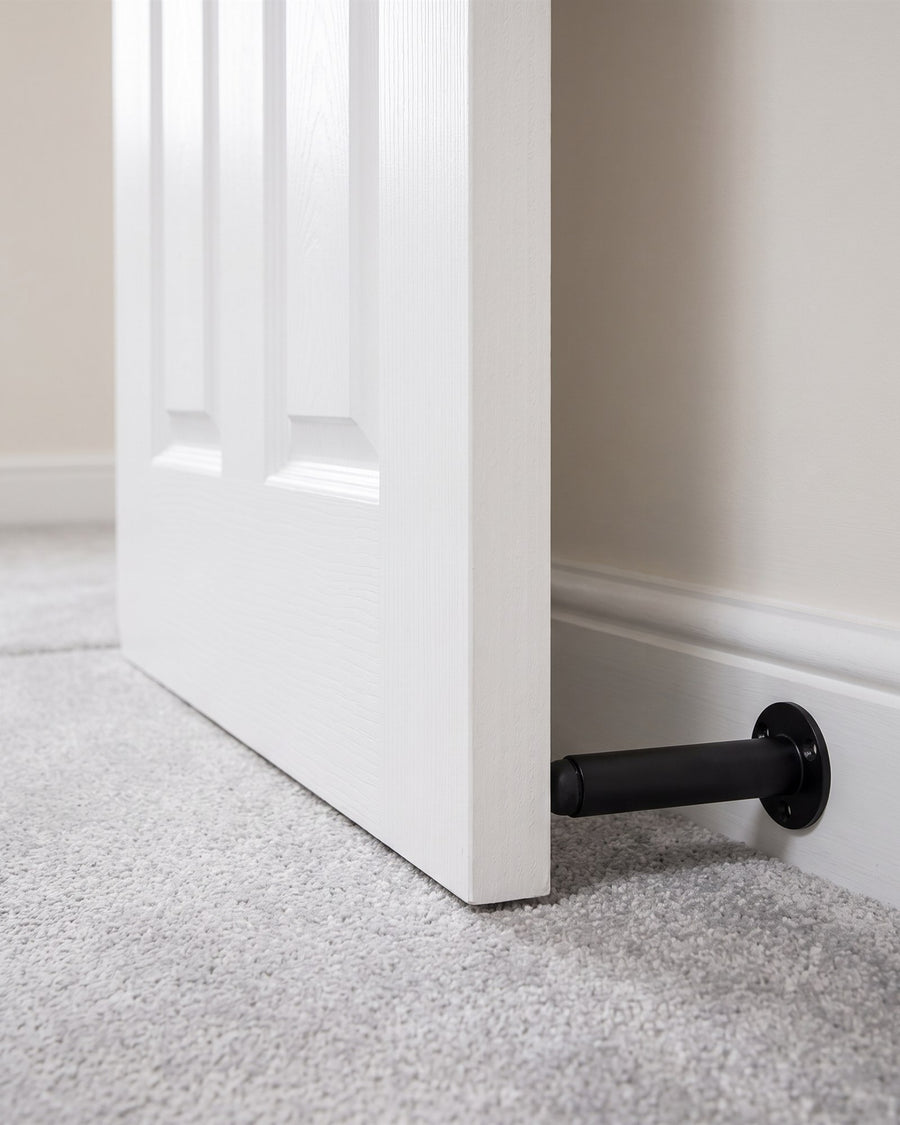 White moulded door resting against a matt black projection door stop on the skirting above grey carpet