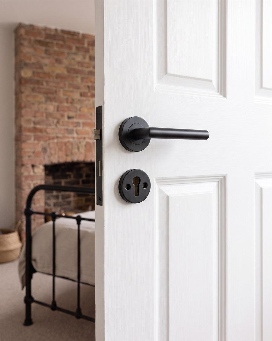 Matt black Shuttle lever on rose with a matt black key escutcheon directly below it, near the opening edge of a white four-panel door