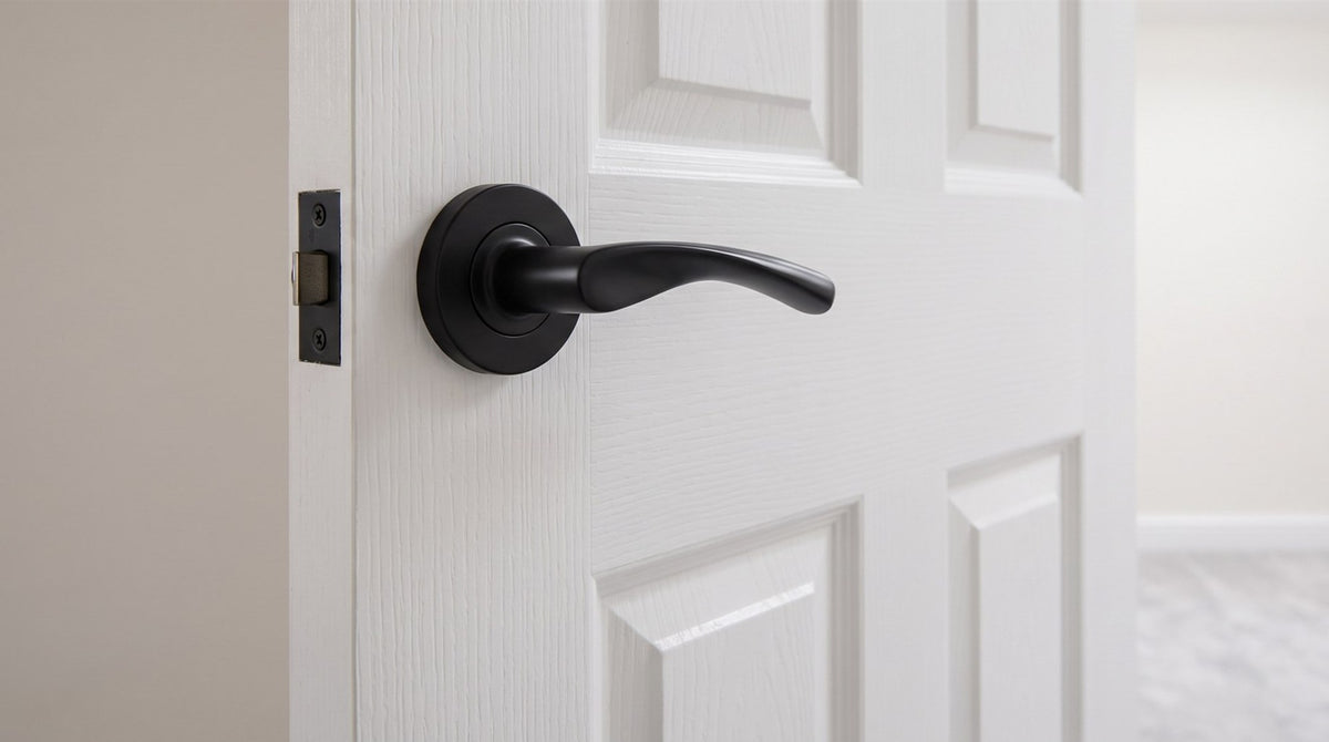 Matt black Treviso lever on rose on a white moulded six-panel door in a new-build house