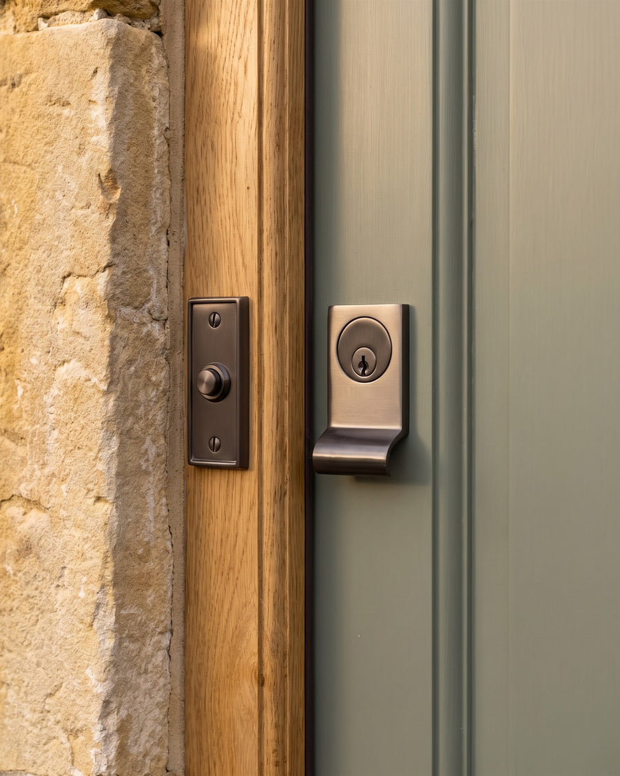 Matt bronze stepped bell push on an oak door frame beside a matt bronze square cylinder pull, Cotswold stone wall