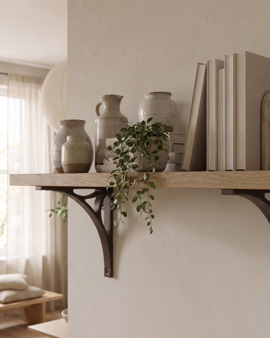 Thick oak shelf on matt bronze bridge brackets holding handmade ceramics, plain books and a trailing plant