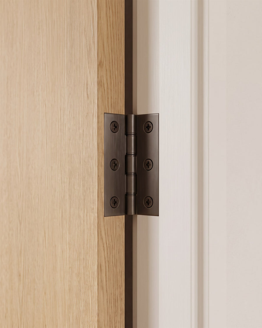Matt bronze butt hinge joining an oak veneer door to a white frame