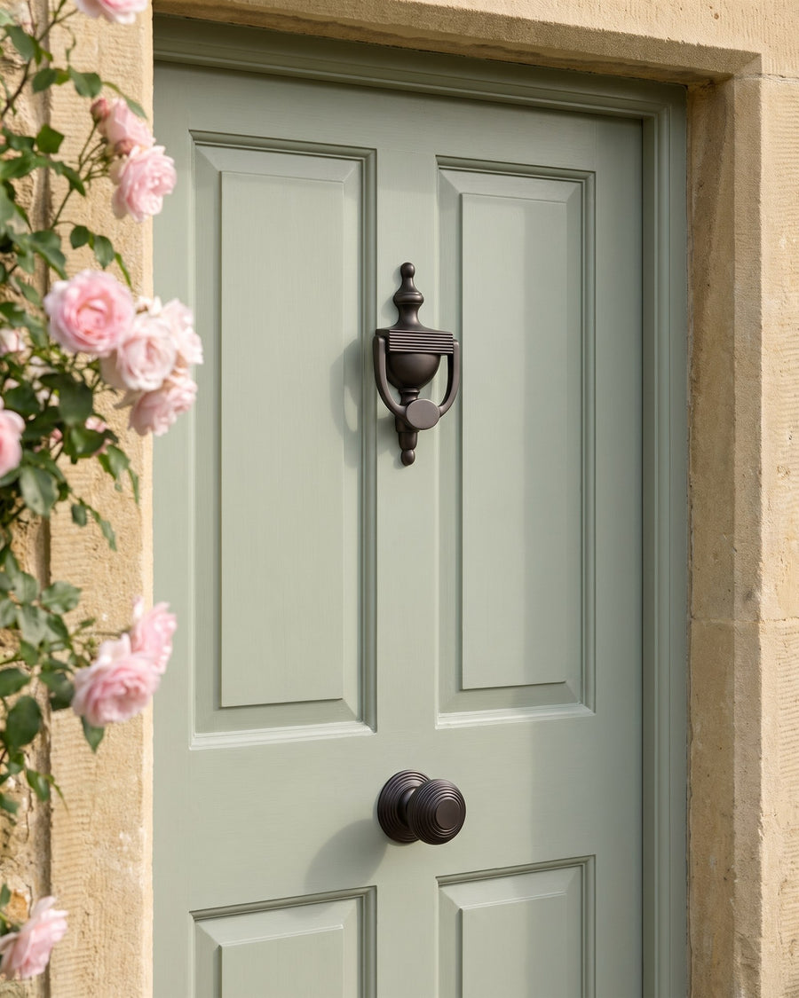 Matt bronze reeded urn knocker and centre door knob on a sage green front door set in a Cotswold stone surround with climbing roses