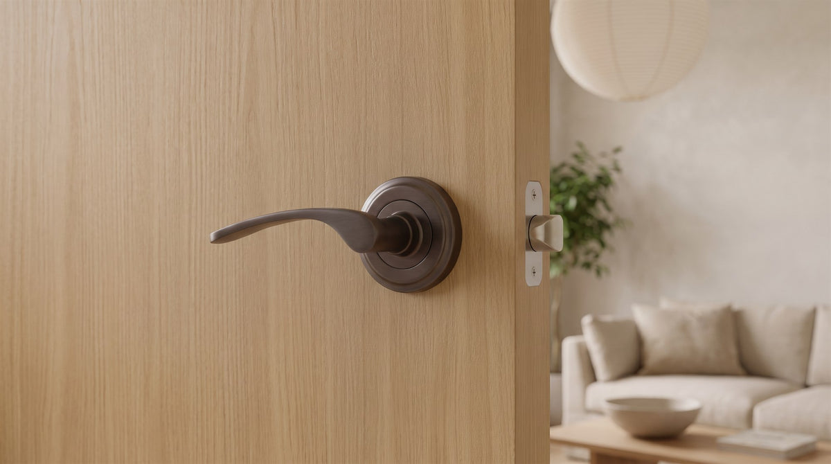 Matt bronze Sophia lever on rose on a natural oak flush door in a limewashed Japandi room