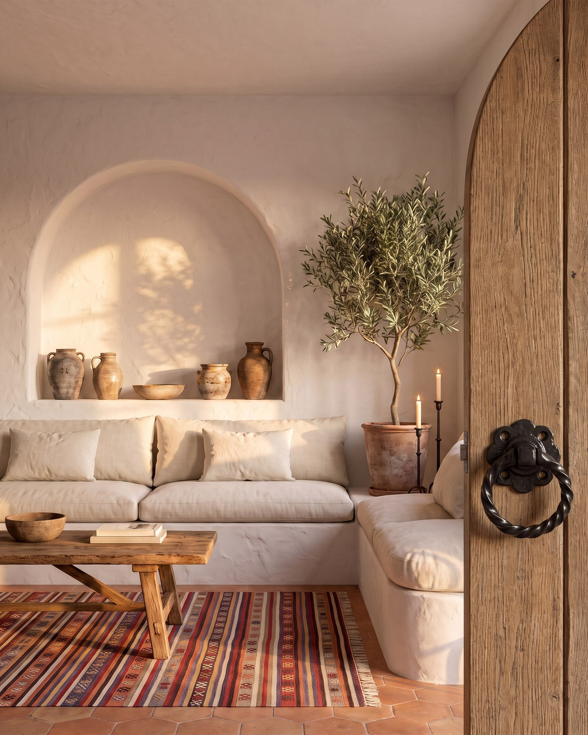 Mediterranean limewashed living room with an arched niche and olive tree, seen past an arched oak door with a black iron twisted ring handle