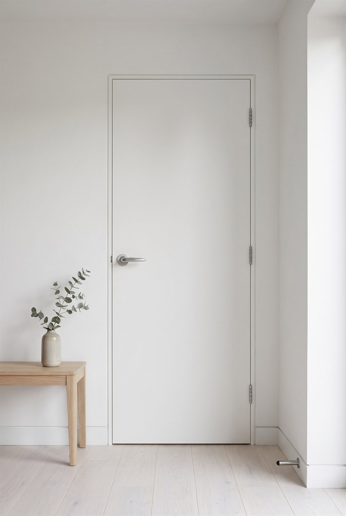 Full-height flush white door in a minimalist hall with pale oak floor and shadow-gap skirting, fitted with a satin chrome teardrop lever on rose and a projecting door stop, an oak bench with a vase beside