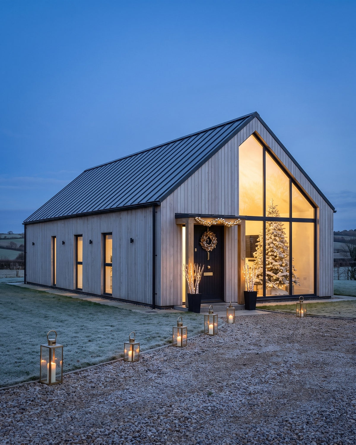 Larch-clad modern barn house at dusk with a glazed gable showing a white flocked Christmas tree, a black front door under an oak porch and lanterns along a frosty gravel drive