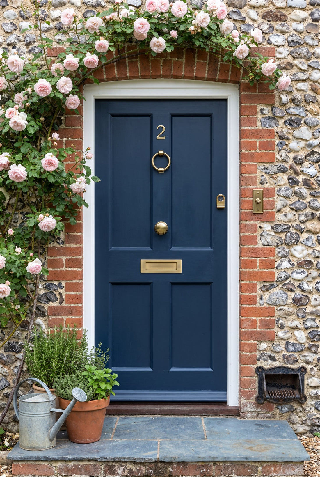 Deep navy four-panel cottage front door in a flint and red brick wall under a pink climbing rose, fitted with antique brass number 2, ring knocker, round centre knob, letter plate, cylinder pull and bell push