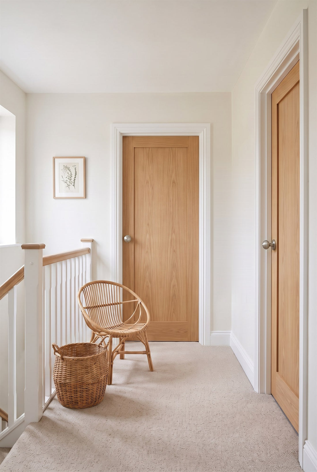 New-build landing with warm white walls, oatmeal wool carpet, a rattan chair and basket and two natural oak veneer shaker doors, each with a satin nickel reeded mortice knob