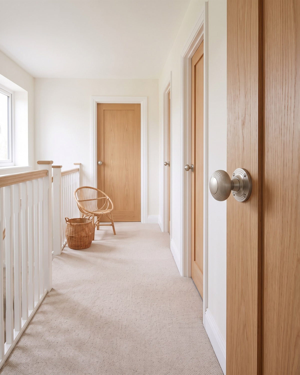 New-build landing with a white balustrade, oatmeal wool carpet and a run of natural oak veneer doors, the nearest with a satin nickel reeded knob