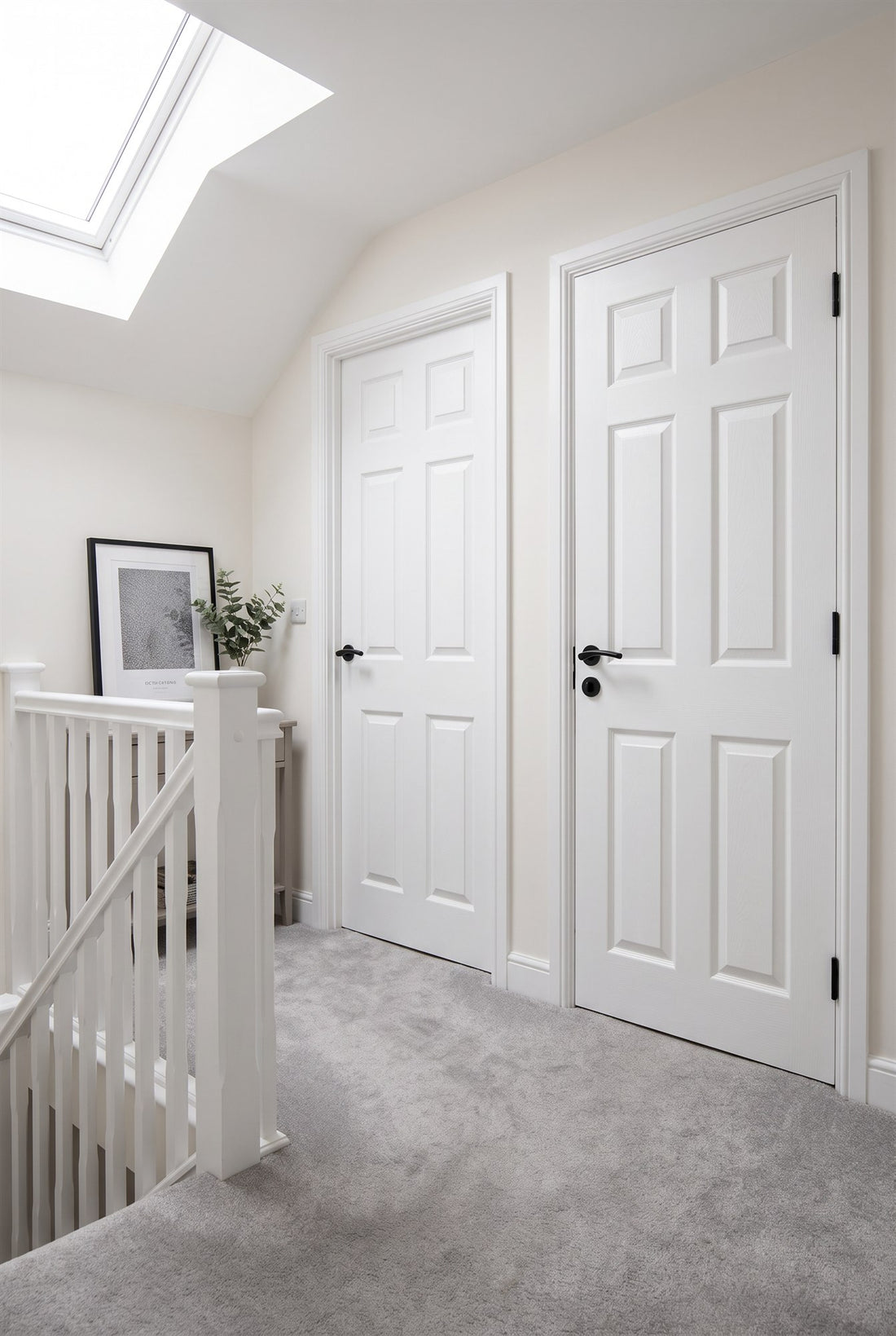 New-build landing with grey carpet and two white moulded doors fitted with matt black Treviso lever on rose handles, black flush hinges and a black turn and release on the bathroom door