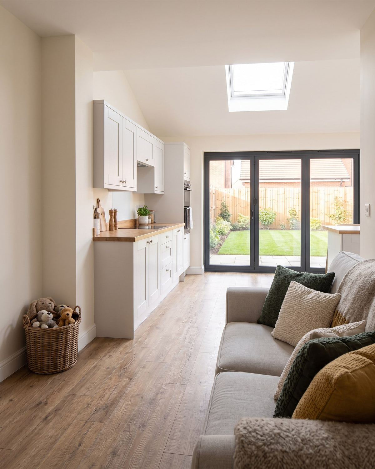 Open-plan kitchen and living room in a new-build house with oak-effect floor, shaker kitchen, grey sofa and bifold doors to the garden
