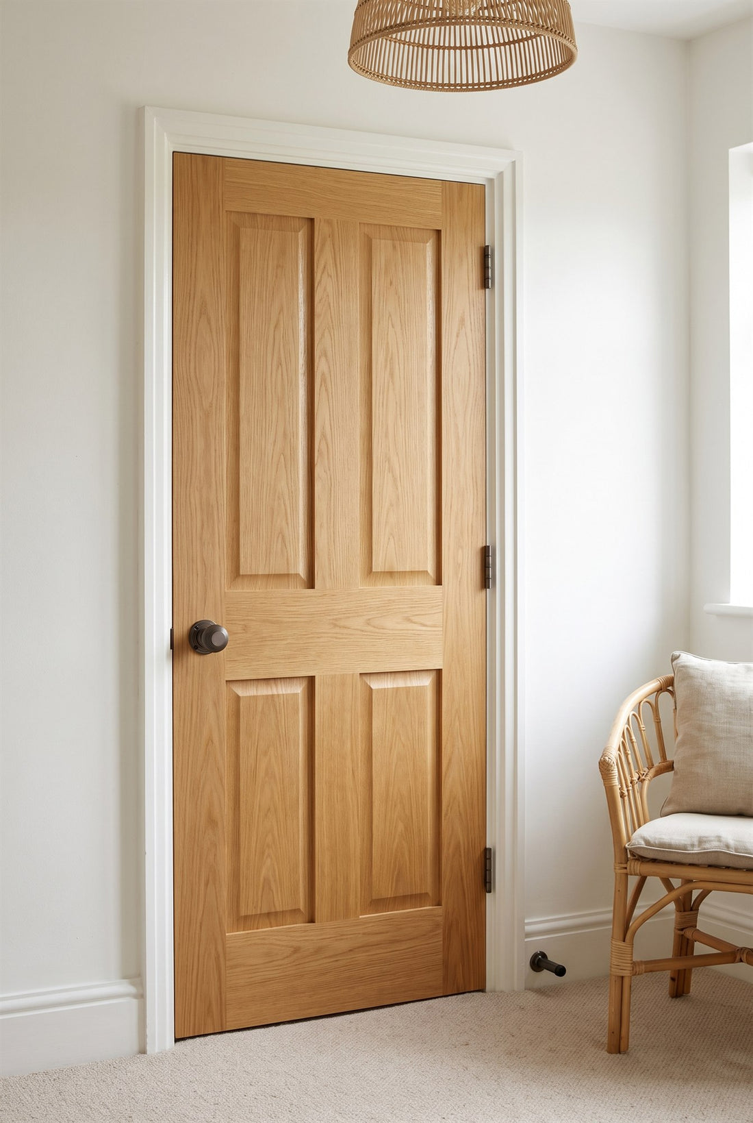 Natural oak four-panel door on a carpeted landing with warm white walls and a rattan chair, fitted with a matt bronze reeded knob, matt bronze hinges and a projection door stop