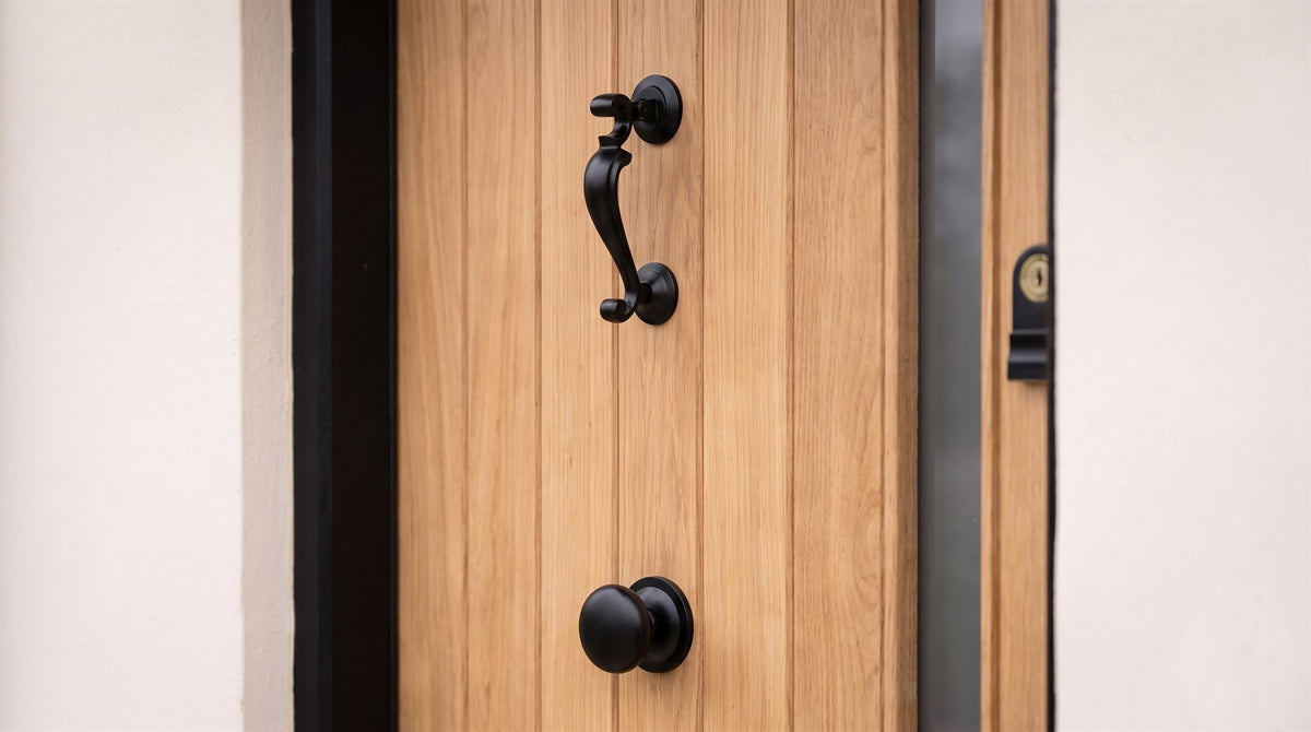 Matt black profile doctor knocker above a round matt black centre knob on a natural oak boarded front door