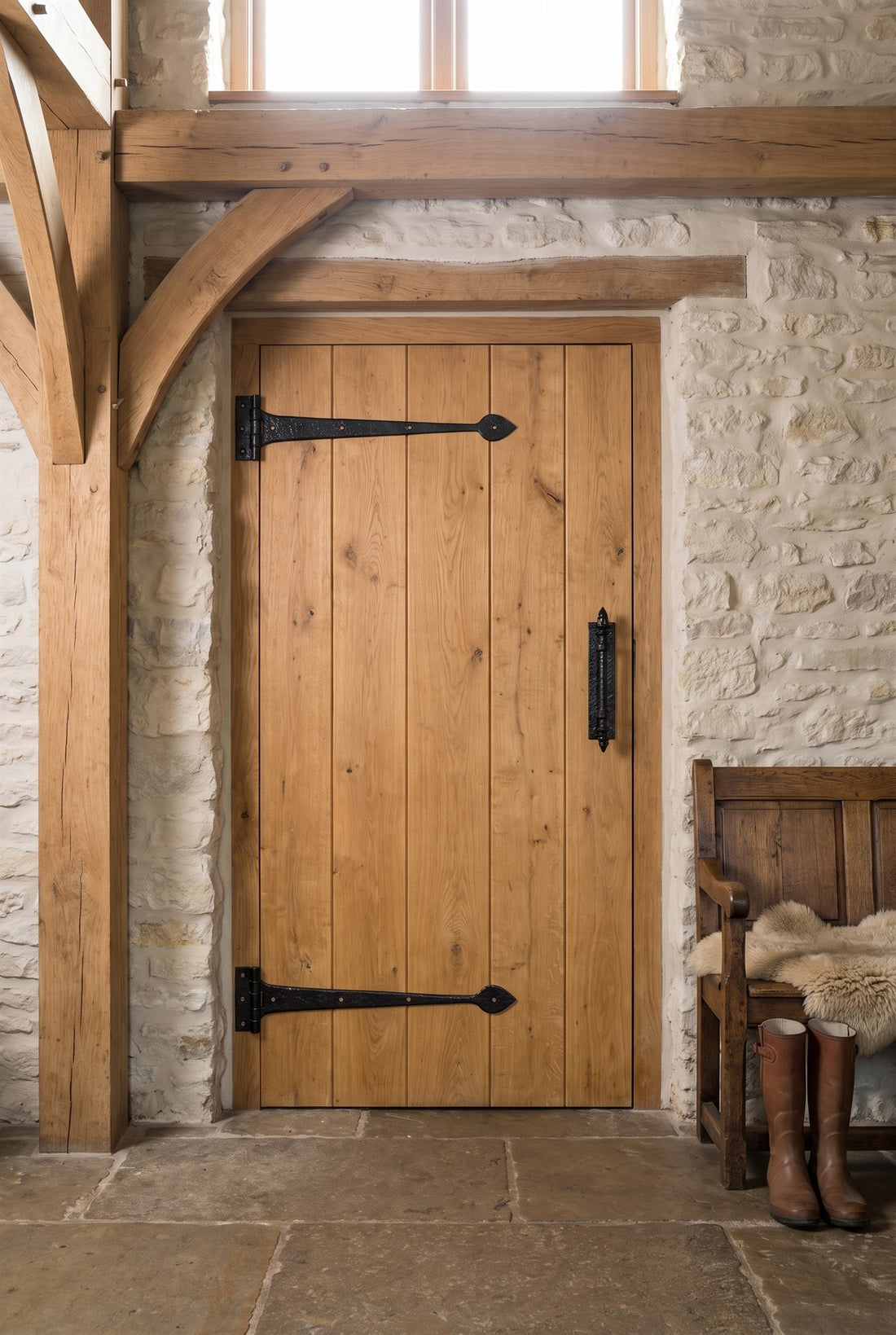 Honey oak ledged plank door in a limewashed stone barn wall with two black iron tee hinges and a black iron pull handle, beside an oak settle and boots