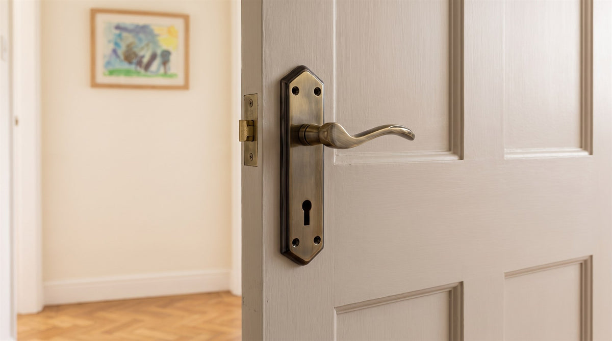 Paris antique brass and bronze lever lock handle on a soft greige panelled door in a 1930s house