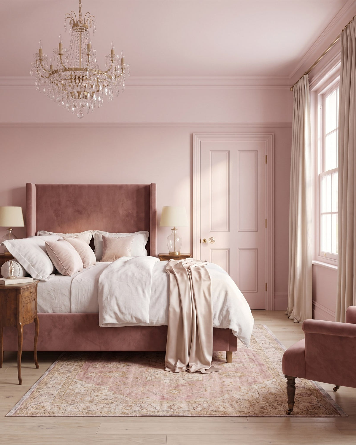 Plaster pink bedroom with a crystal chandelier, dusty rose velvet headboard, white linen, silk curtains and a pink panelled door with a glass knob