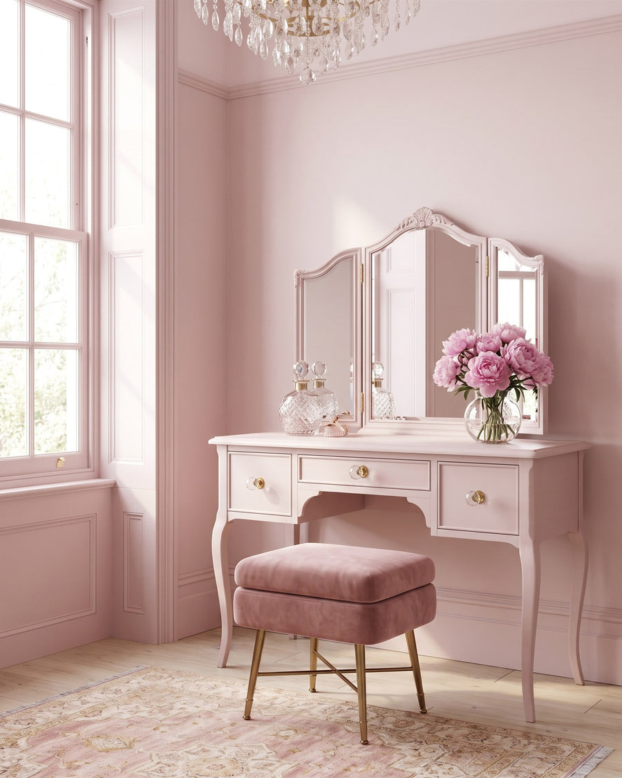 Pink painted dressing table with cut glass cupboard knobs on brass roses, a triple mirror, peonies and a velvet stool
