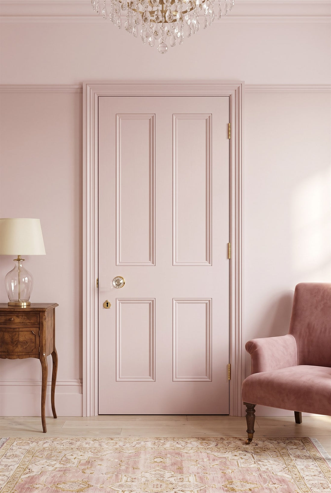 Soft pink four-panel bedroom door with a cut glass knob on a brass rose, a polished brass keyhole escutcheon and brass butt hinges, beside a velvet armchair under a crystal chandelier