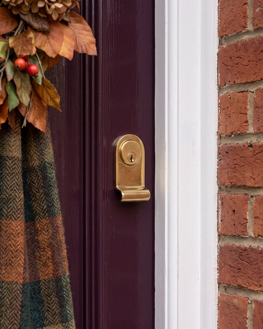 Polished brass cylinder pull with a round rim cylinder near the edge of an aubergine front door, a tweed scarf hanging from the autumn wreath