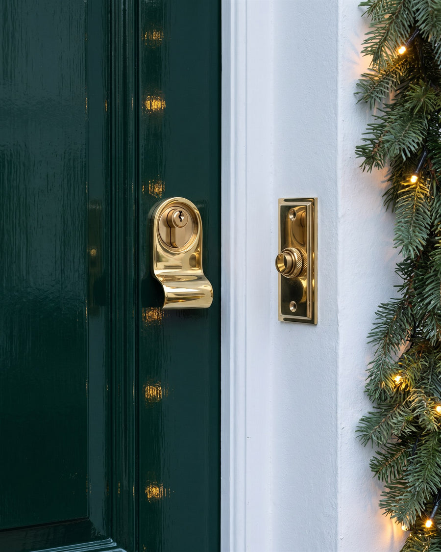 Polished brass cylinder pull around a brass euro cylinder on the green lock stile, beside a stepped brass bell push on the white doorcase and a fairy-lit garland