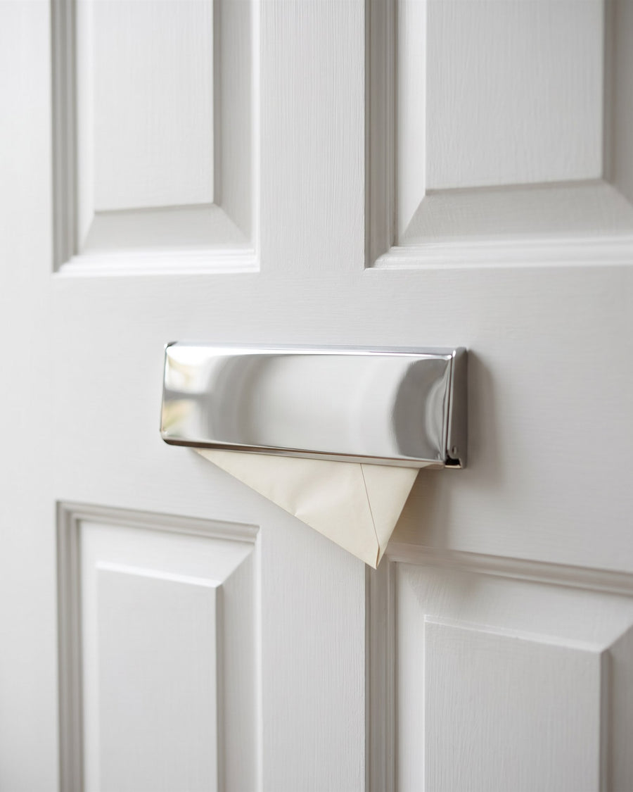 Polished chrome inner letter tidy with a cream envelope pushed through, on the white-painted inside of the flat door