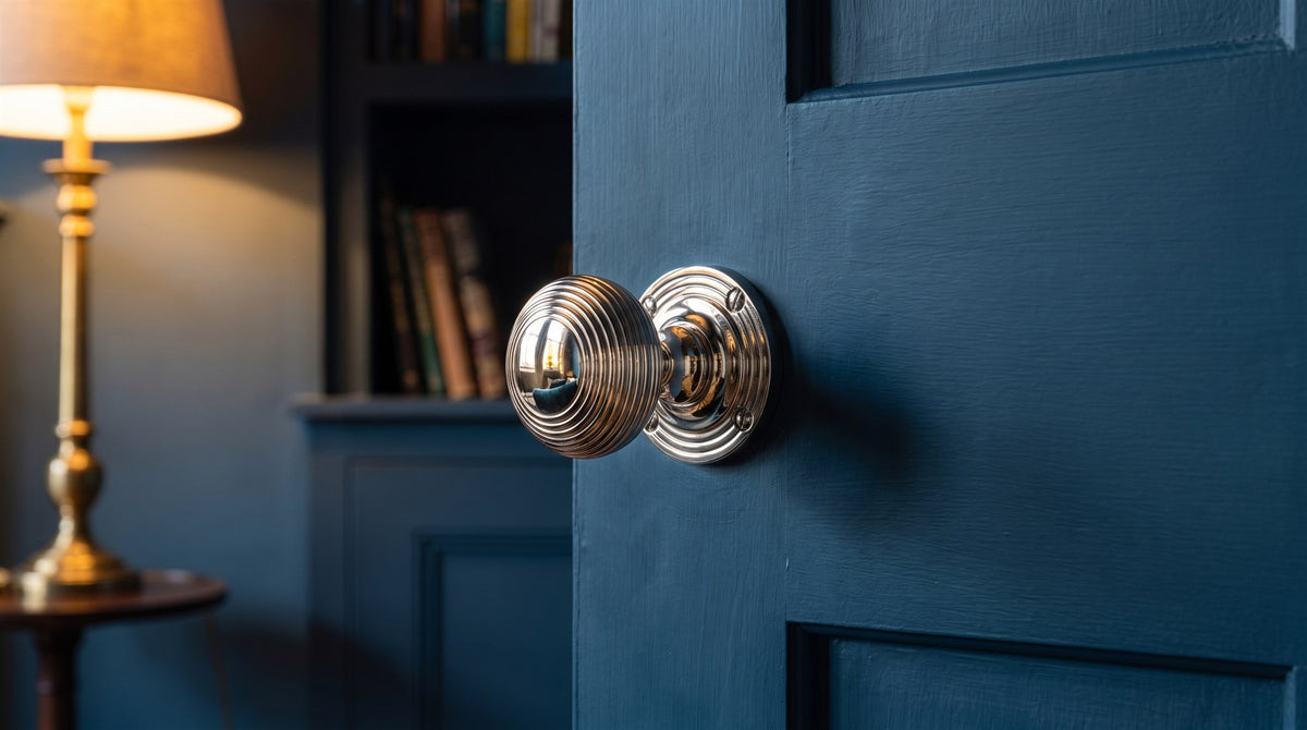 Polished nickel reeded mortice knob on a reeded rose on a deep ink blue panelled door